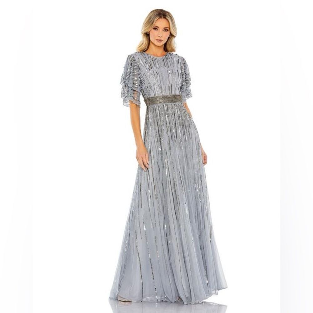 Mac Duggal Silver Sequin Embellished Maxi Gown